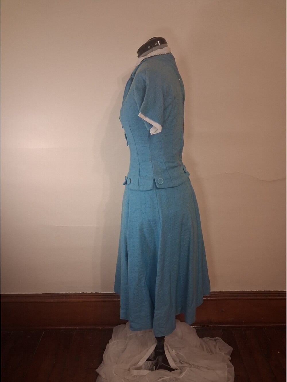 1940s Vintage Dress, Woven Blue Handmade Dress With Tie Academic Secretary Sz S - Picture 5 of 9